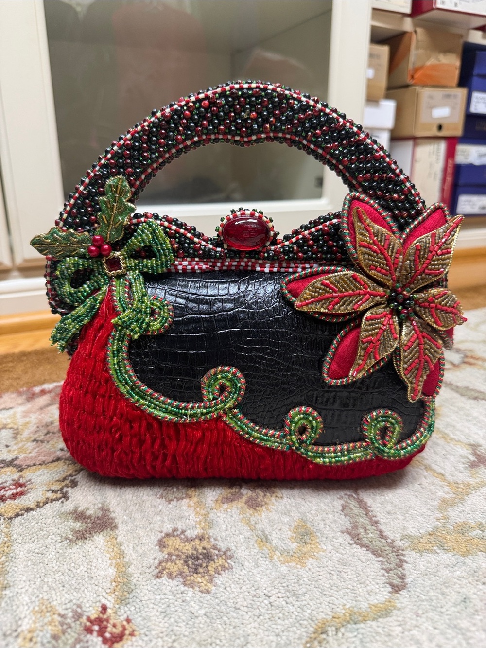 Mary Frances Red, Black & Green Beaded Holiday Mini Bag